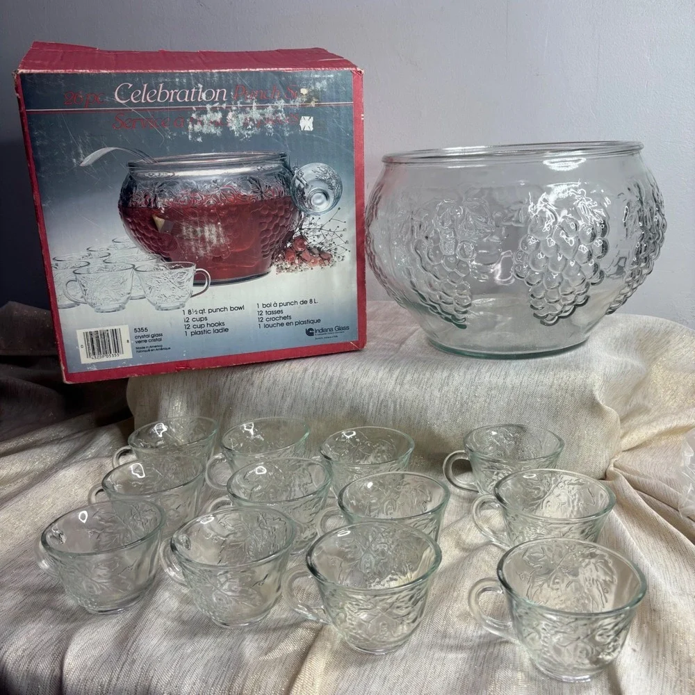 Indiana Glass Punch Bowl Set 26 Piece Grape Embossed Crystal Glass Cups Ladle